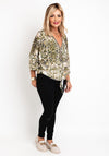 Natalia Collection One Size Embellished V-Neckline Print Top, Khaki