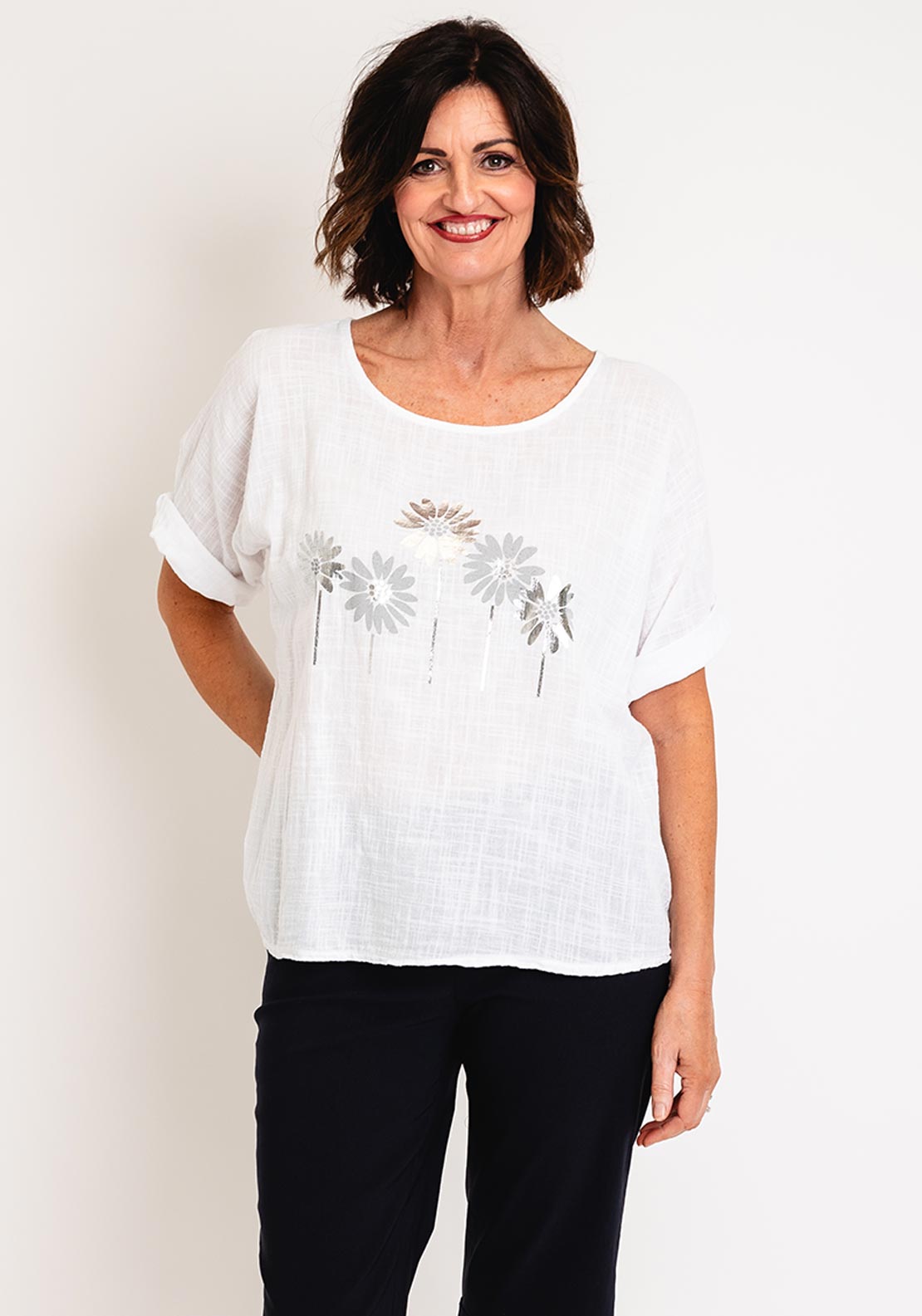 Serafina Collection Metallic Flower One Size Top, White - McElhinneys