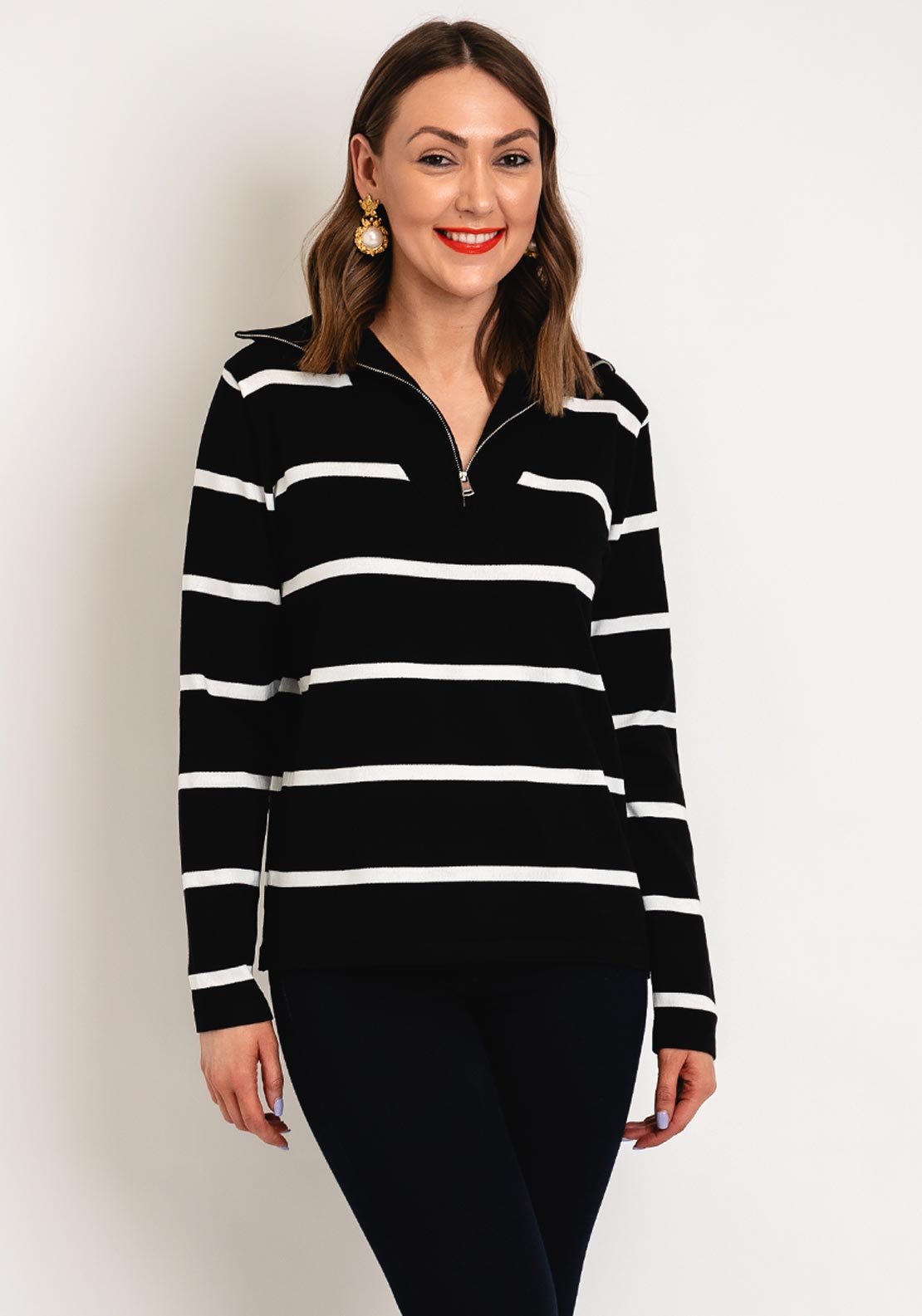 Serafina Collection One Size Half Zip Striped Sweater, Black - McElhinneys