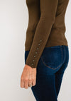 YAYA Button Detail Sleeve Sweater, Dark Green