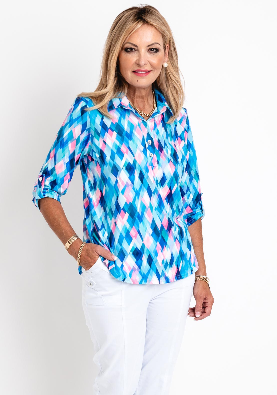 Leon Collection Collared Half Button Blouse, Aqua Multi - McElhinneys