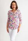 Leon Collection Floral Button Neck Top, Pink Multi