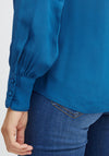 Fransa Round Neck Buttoned Blouse, Blue