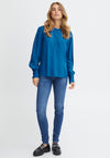 Fransa Round Neck Buttoned Blouse, Blue