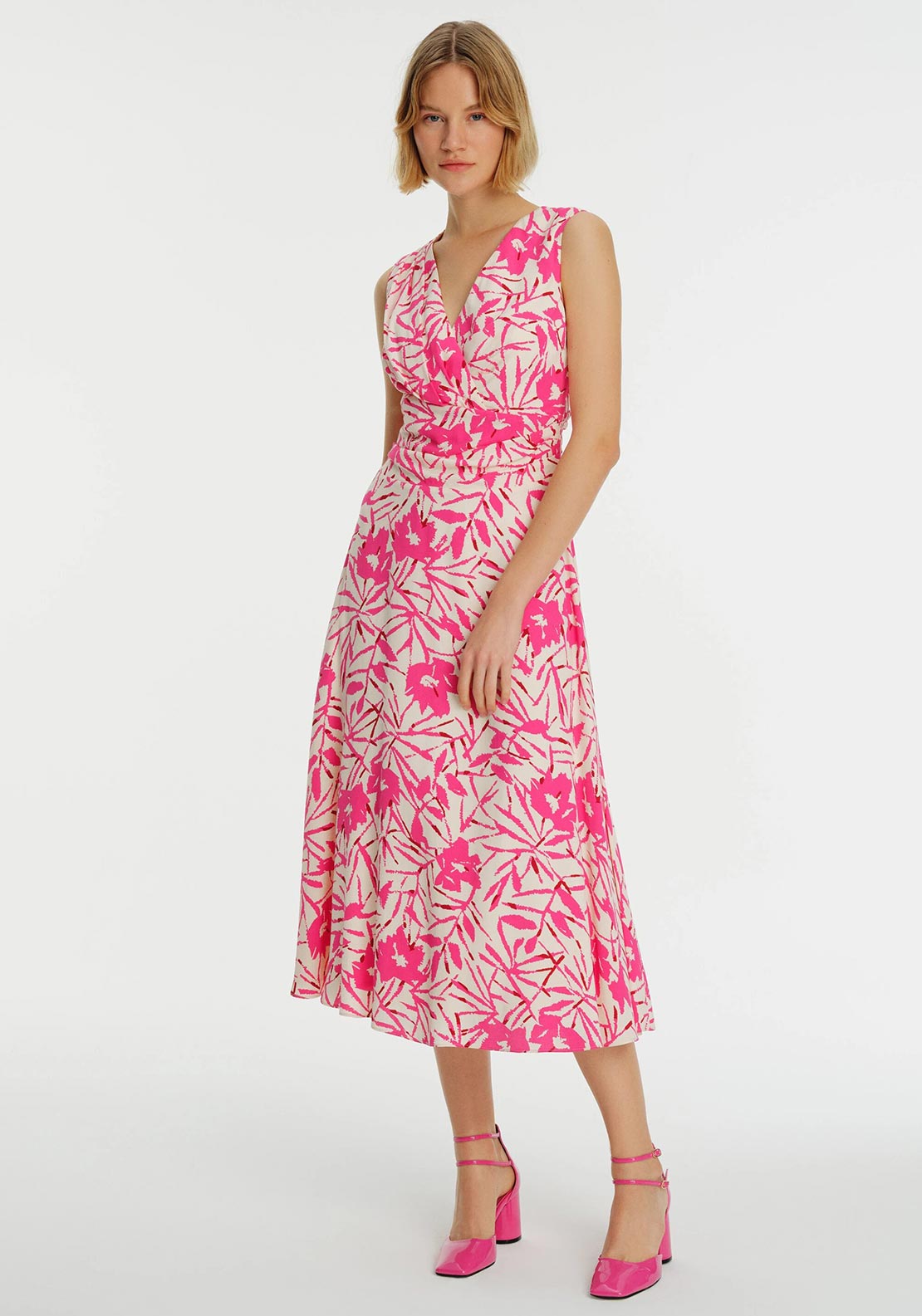 Exquise Floral Ruched Waist Midi Dress, Pink - McElhinneys