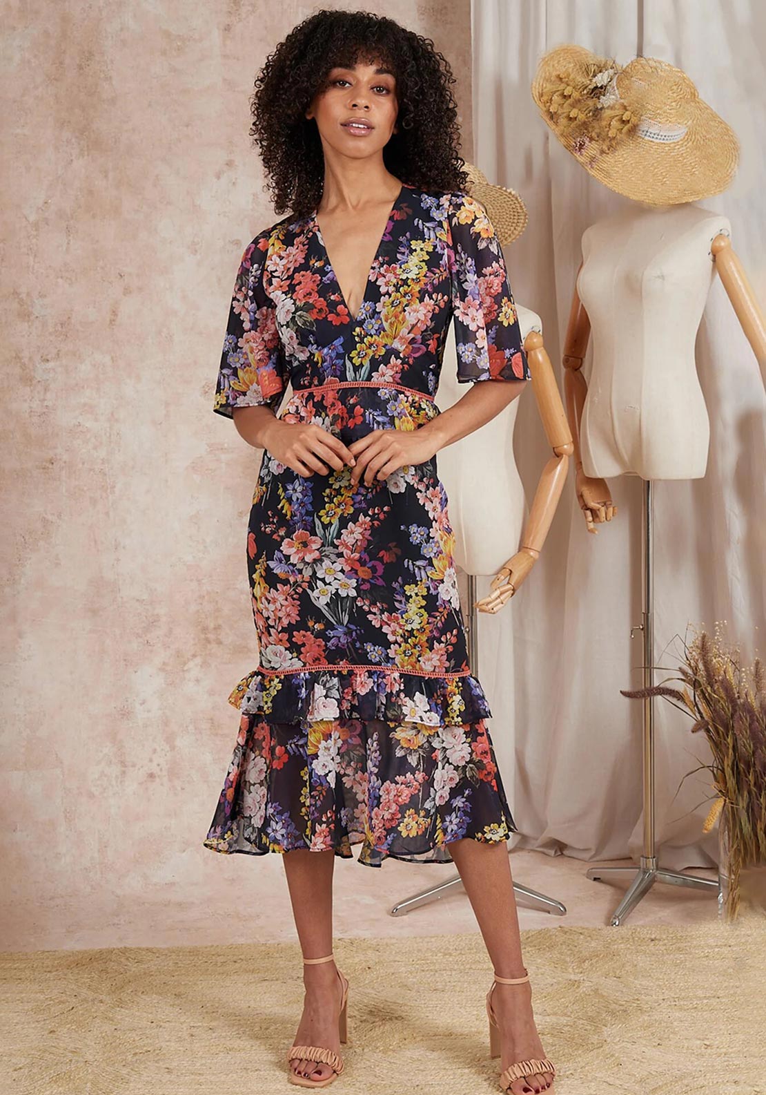 Hope & Ivy Frima Floral Tiered Midi Dress, Multi - McElhinneys