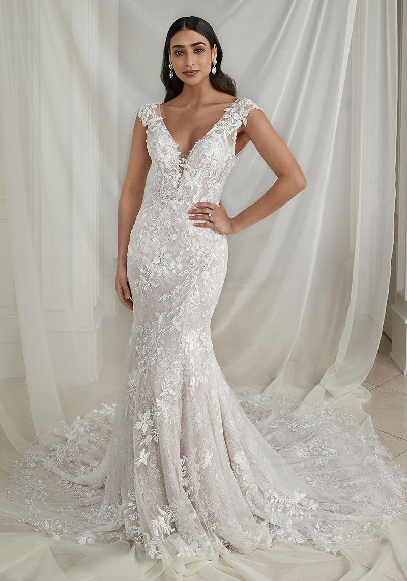 Ronald Joyce 69585 lace fit and flare wedding dress with plunging neck