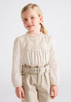 Mayoral Girls Long Sleeve Broderie Top, Beige