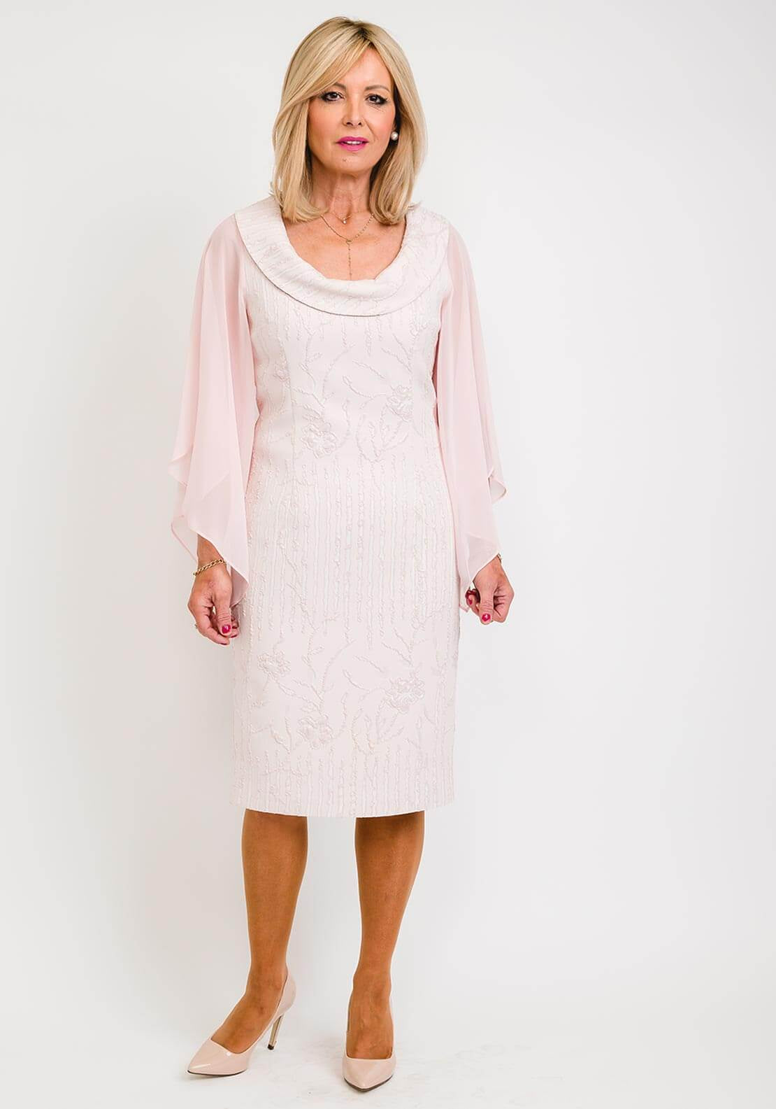 Lizabella Chiffon Sleeve Textured Midi Dress, Pink - McElhinneys