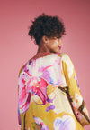 Powder Orchid Print Kimono Jacket, Mustard & Pink