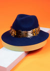 Powder Wool Fedora with Feather Band, Navy