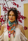 Powder Modern Floral Pattern Satin Neck Scarf, Turquoise