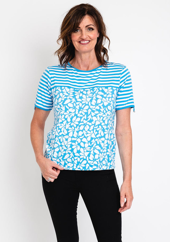 Rabe Stripe & Petal T-Shirt, McElhinneys Print - Blue White 